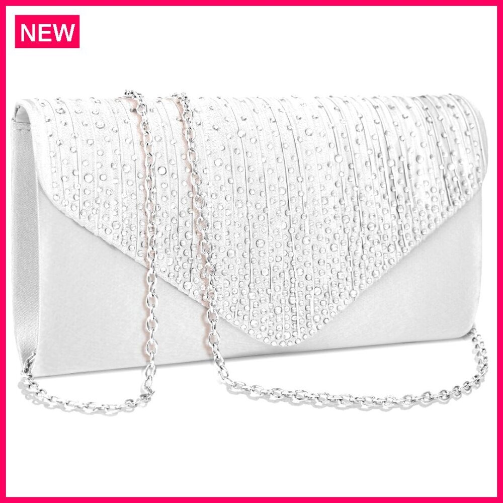 Satin Rhinestone Clutch Evening Bag with Chain for Wedding Party